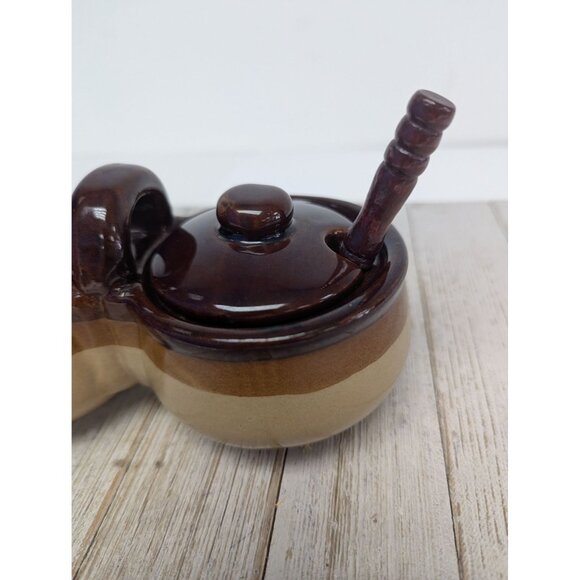 Vintage Dark Brown Glazed Stoneware Double Condiment Pot With Lids Spoons Taiwan - Picture 2 of 12